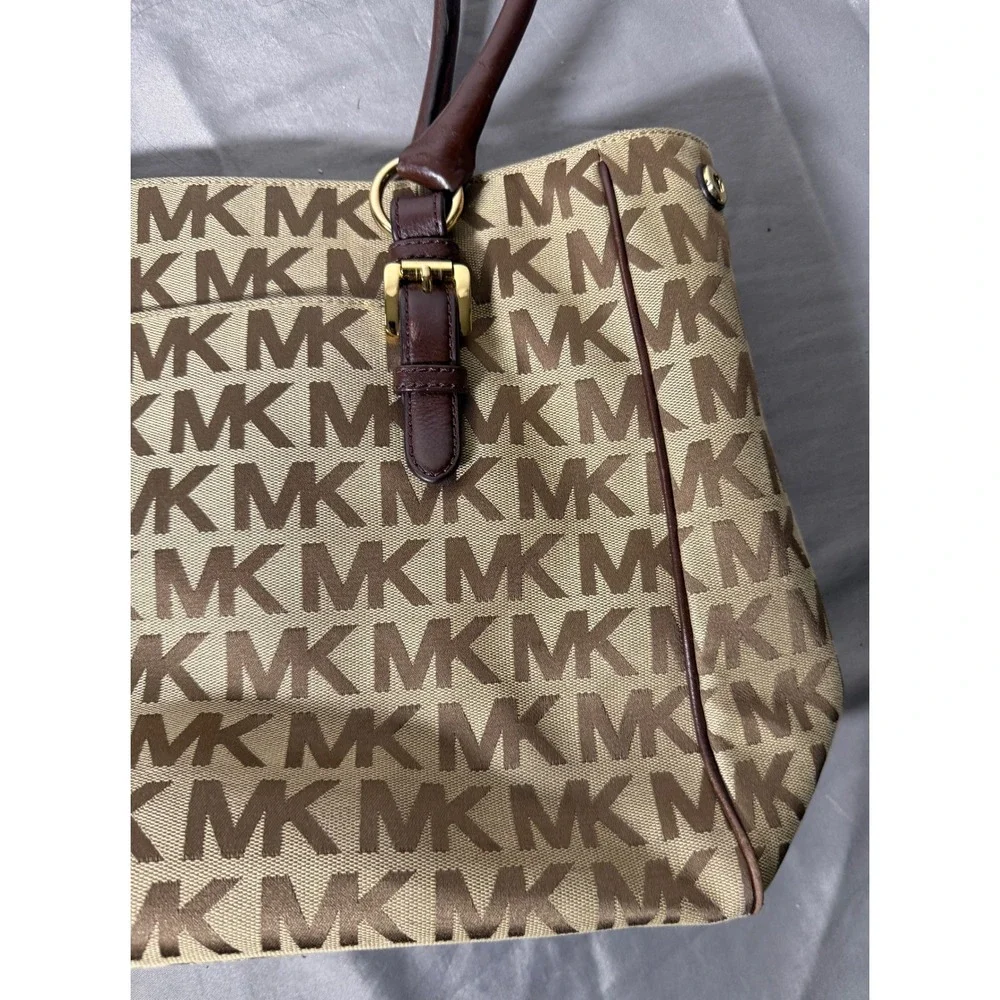 Michael Kors Monogram Jacquard Tote Bag Brown Beige Leather Trim Gold Hardware - Picture 8 of 12